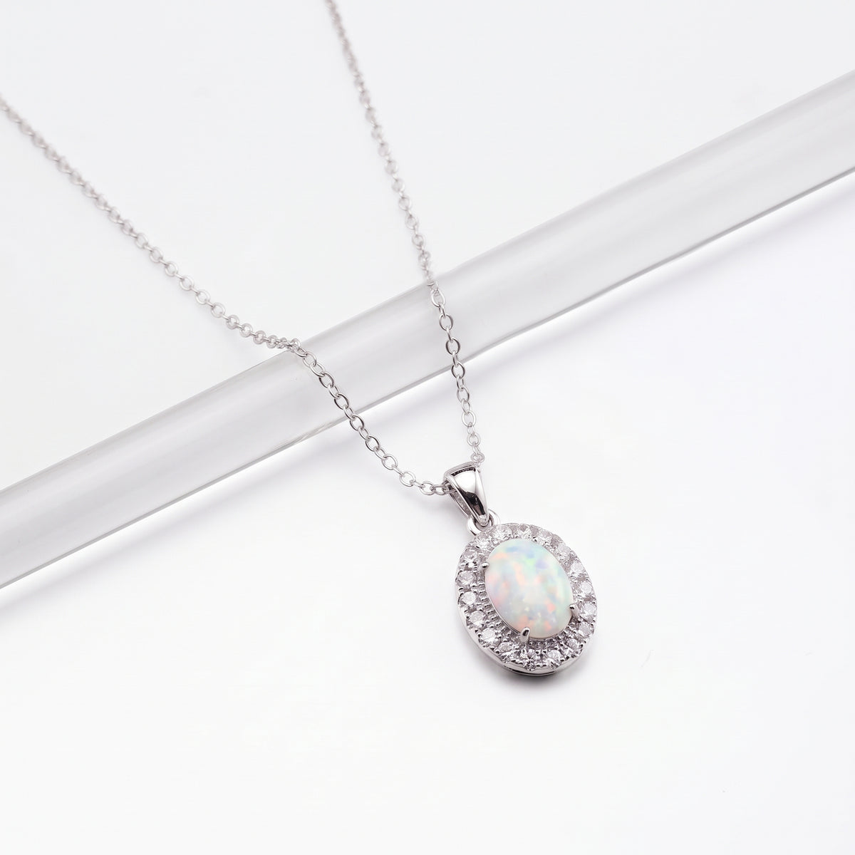 Lavencious Sterling Silver Oval White Opal Halo Pendant Necklace with 16"+2" Italian Box Chain