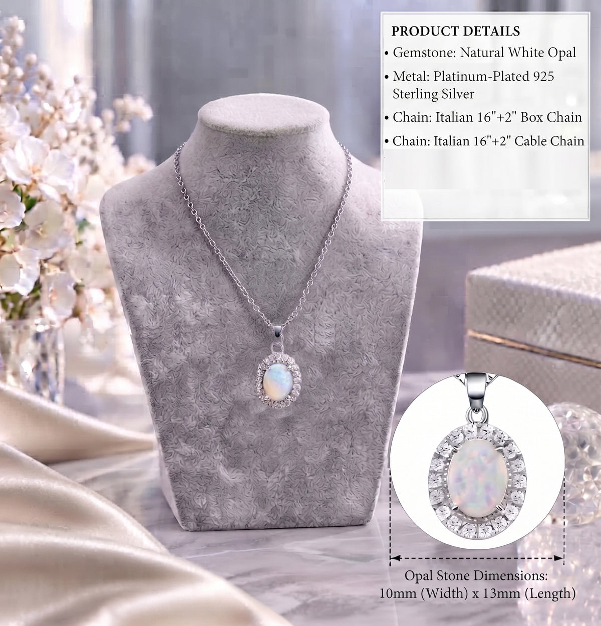 Lavencious Sterling Silver Oval White Opal Halo Pendant Necklace with 16"+2" Italian Box Chain