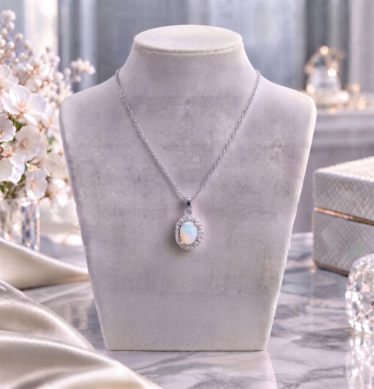 Lavencious Sterling Silver Oval White Opal Halo Pendant Necklace with 16"+2" Italian Box Chain