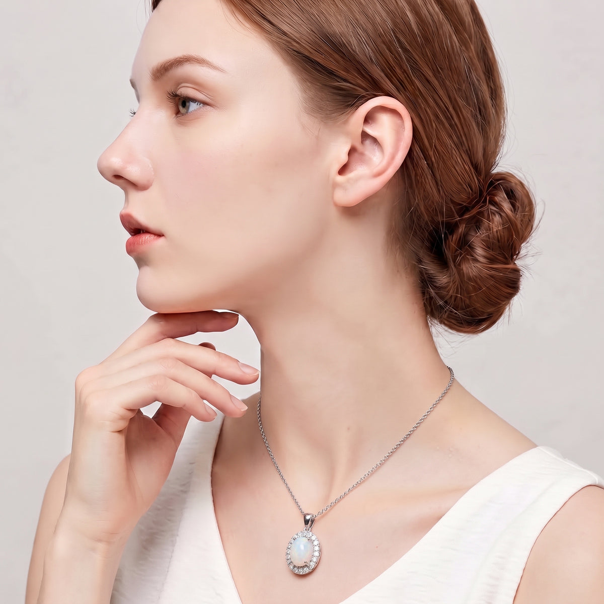 Lavencious Sterling Silver Oval White Opal Halo Pendant Necklace with 16"+2" Italian Box Chain
