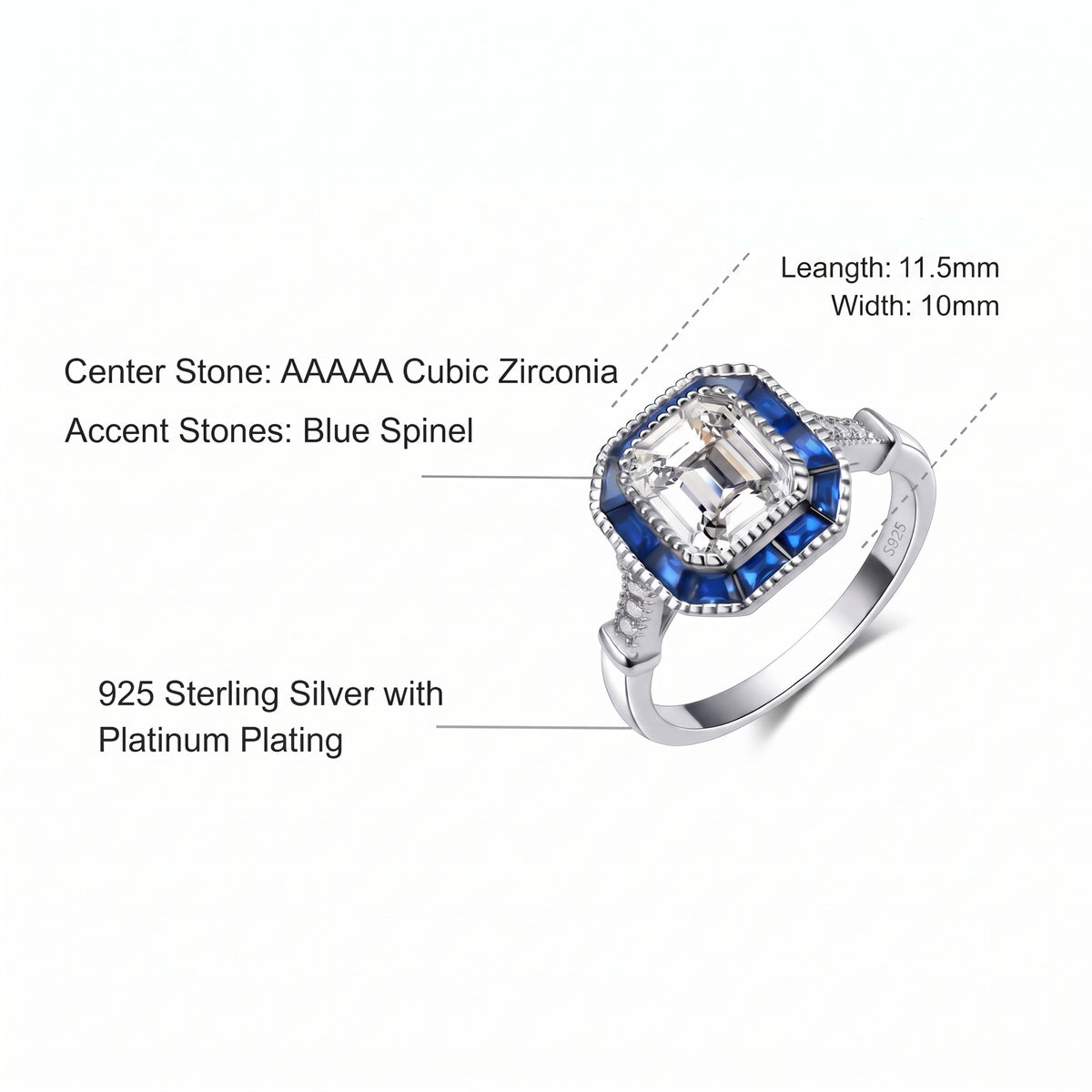 Lavencious Royal Halo Clear & Blue Spinel CZ Stones Engagement Rings in Sterling Silver 925 Size 5 to 10