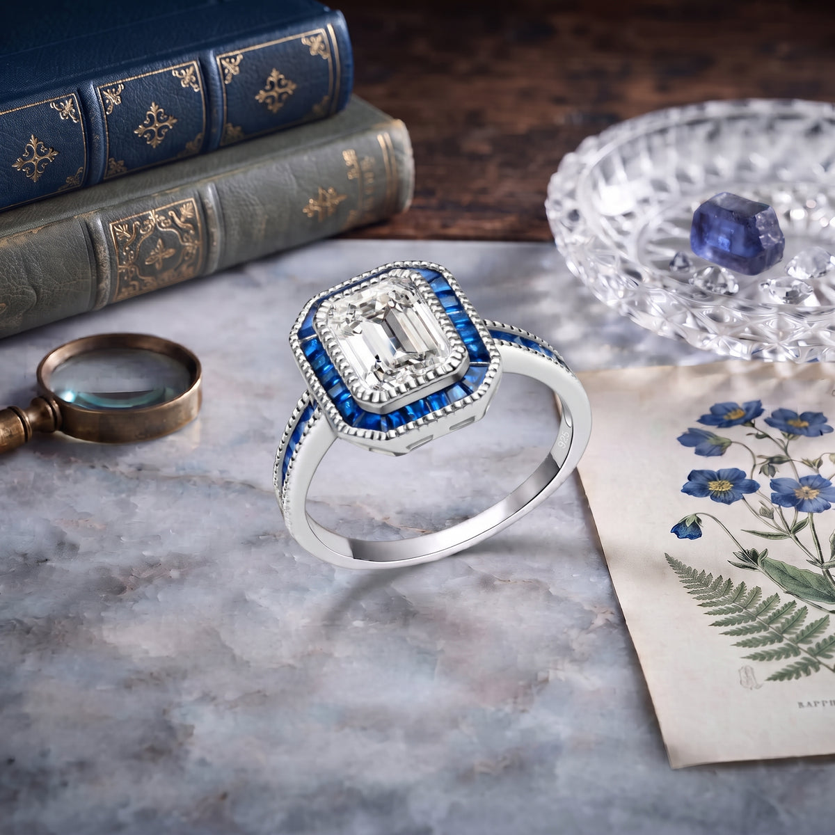 Lavencious Royal Halo Clear & Blue Spinel CZ Stones Engagement Rings in Sterling Silver 925 Size 5 to 10