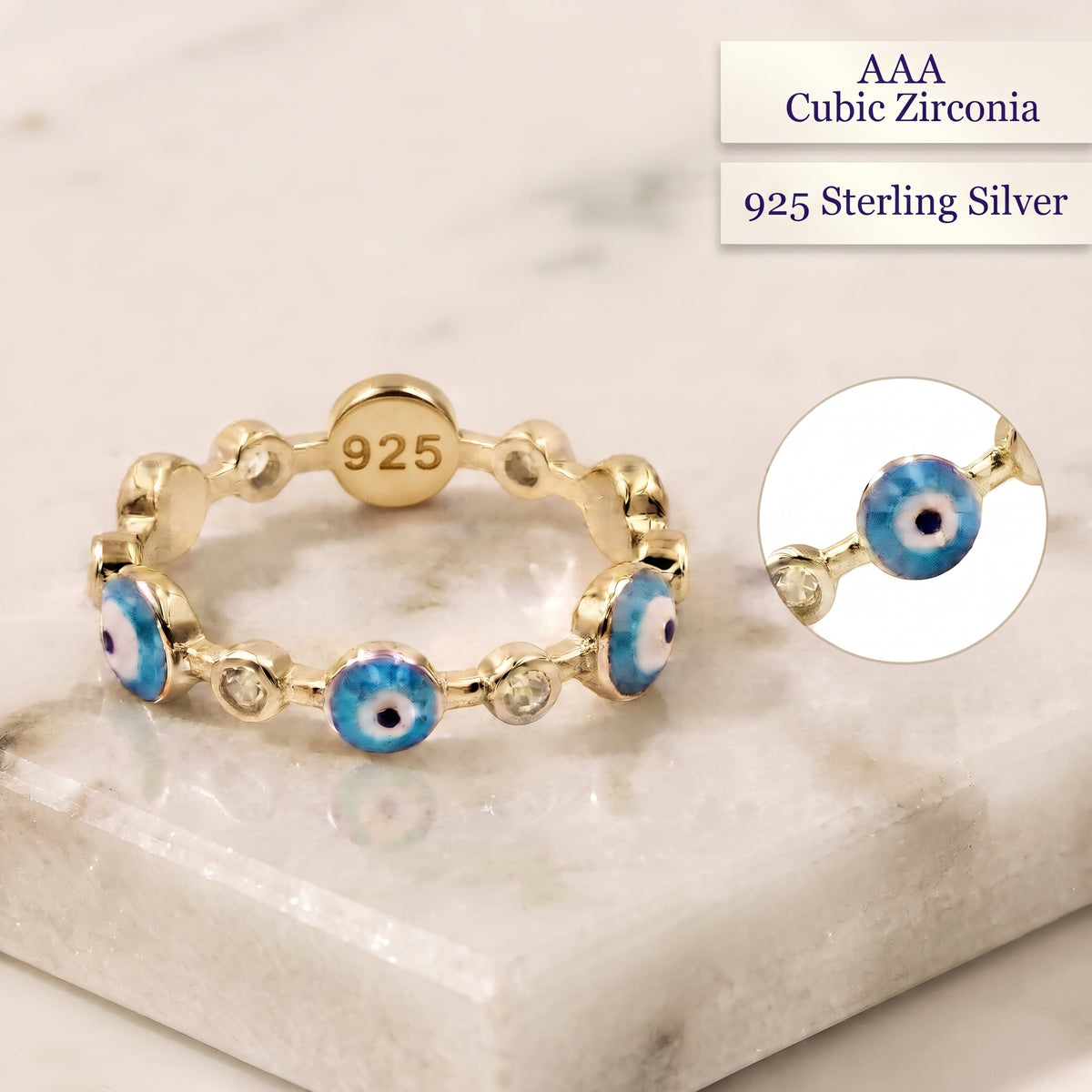 Lavencious Solid 925 Sterling Silver Evil Eye Ring with Gold Plated, Evil Eye with Enamel and AAA CZ Comfort Fit for Women Girls, Size 4 to 10