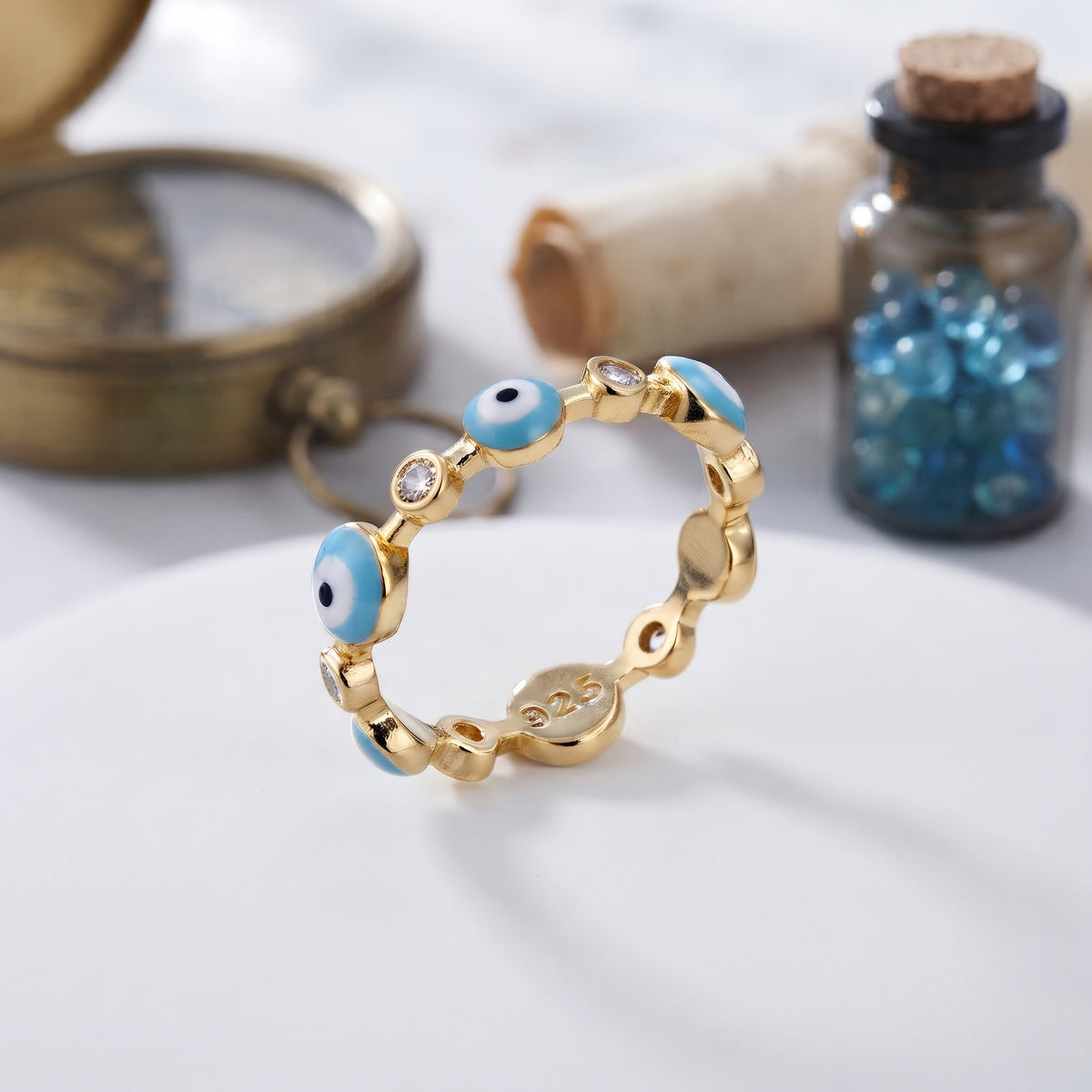 Lavencious Solid 925 Sterling Silver Evil Eye Ring with Gold Plated, Evil Eye with Enamel and AAA CZ Comfort Fit for Women Girls, Size 4 to 10