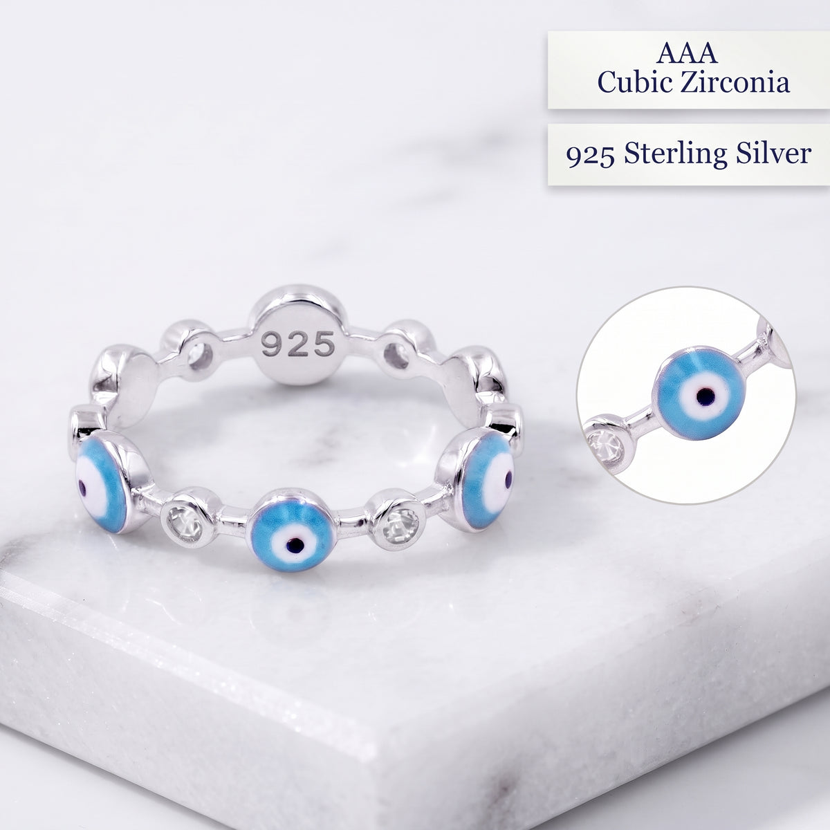 Lavencious Solid 925 Sterling Silver Evil Eye Ring with Rhodium Plated, Evil Eye with Enamel and Shiny Crystal Comfort Fit for Women , Size 4 to 10