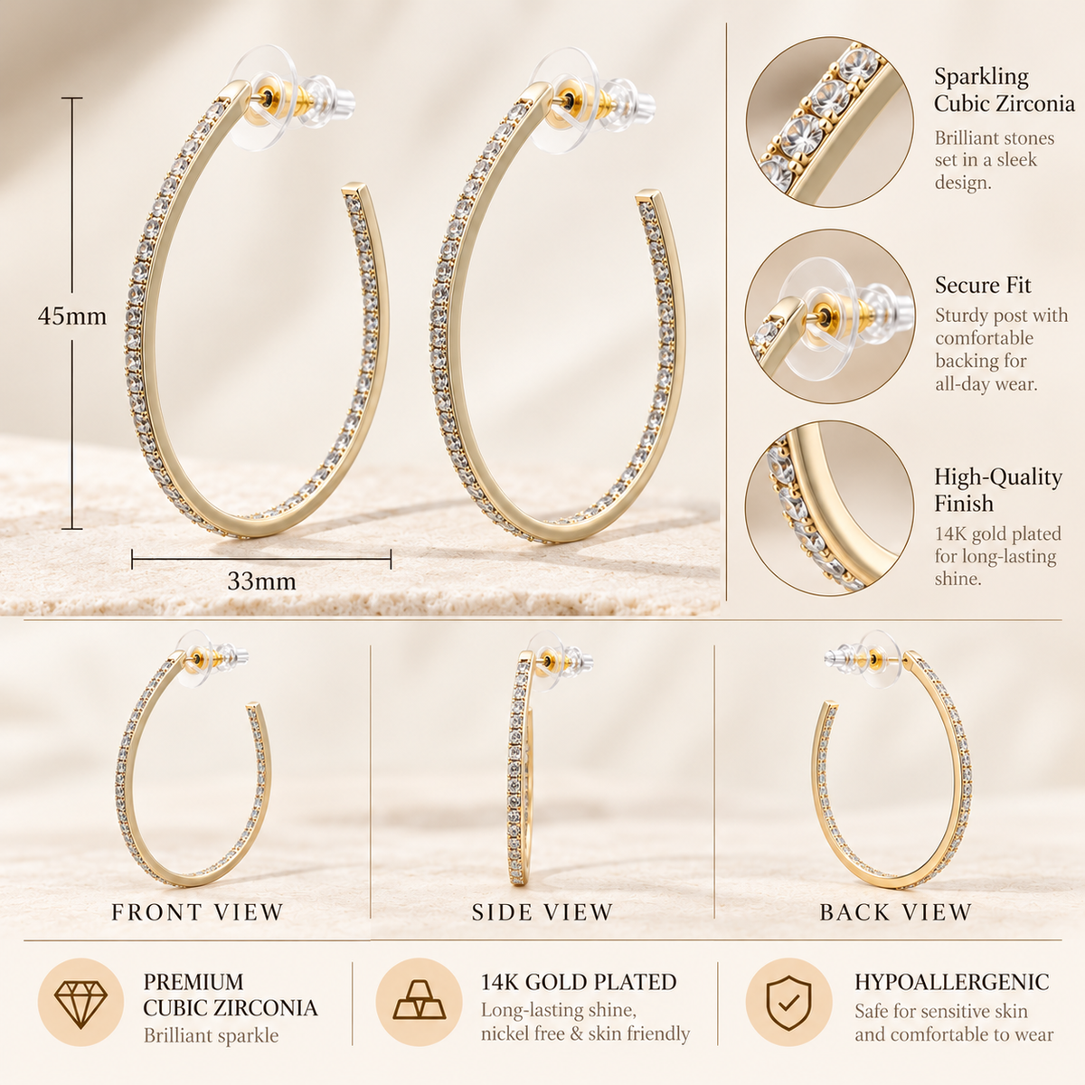 Lavencious Gold Color With clear CZ Hoop Earrings