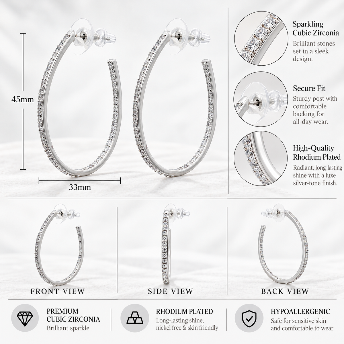 Lavencious Rhodium Color With clear CZ Hoop Earrings