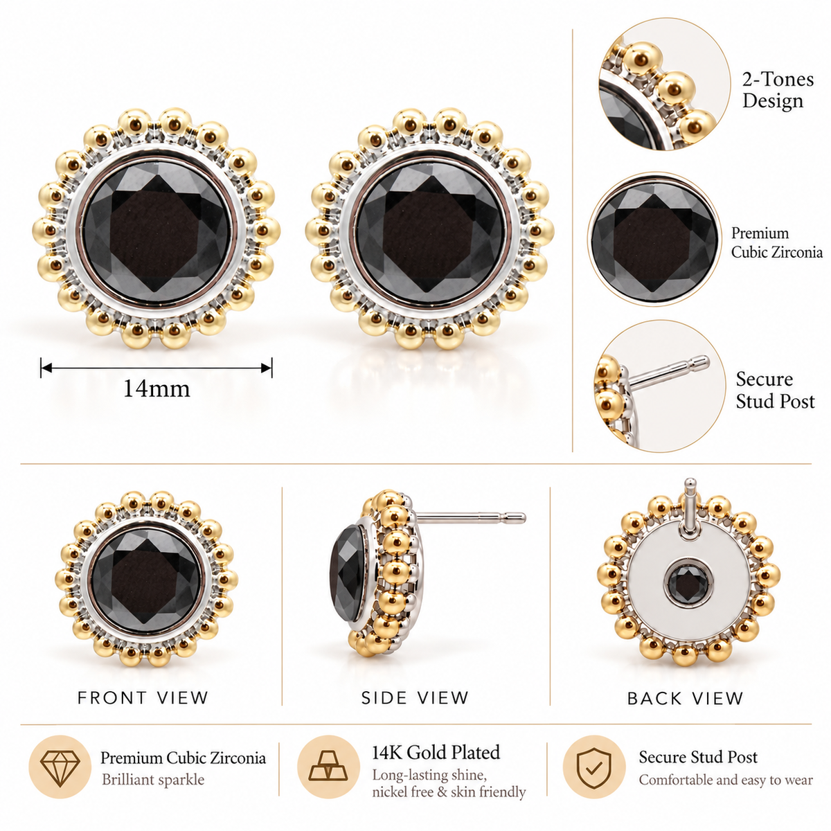 Lavencious 2-Tones with Black Cubic Zirconia Earrings