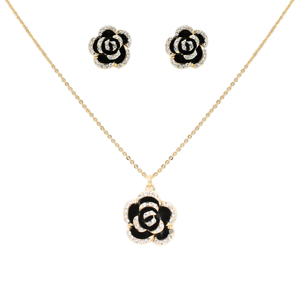 Rose Flower Pendant Necklace. 16"+2" and Black Rose Flower Stretch Rings Cocktail Statement Rings Sets