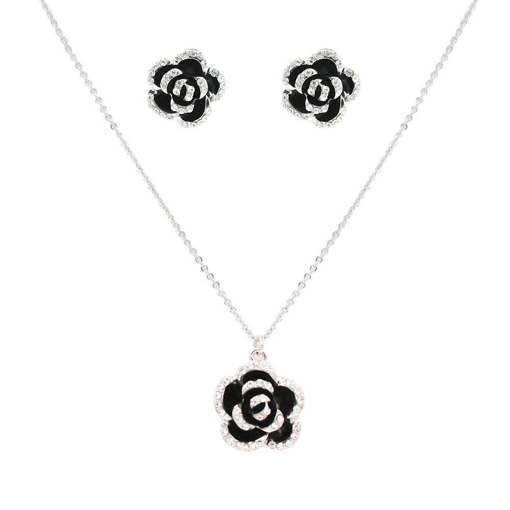 Rose Flower Pendant Necklace. 16"+2" and Black Rose Flower Stretch Rings Cocktail Statement Rings Sets