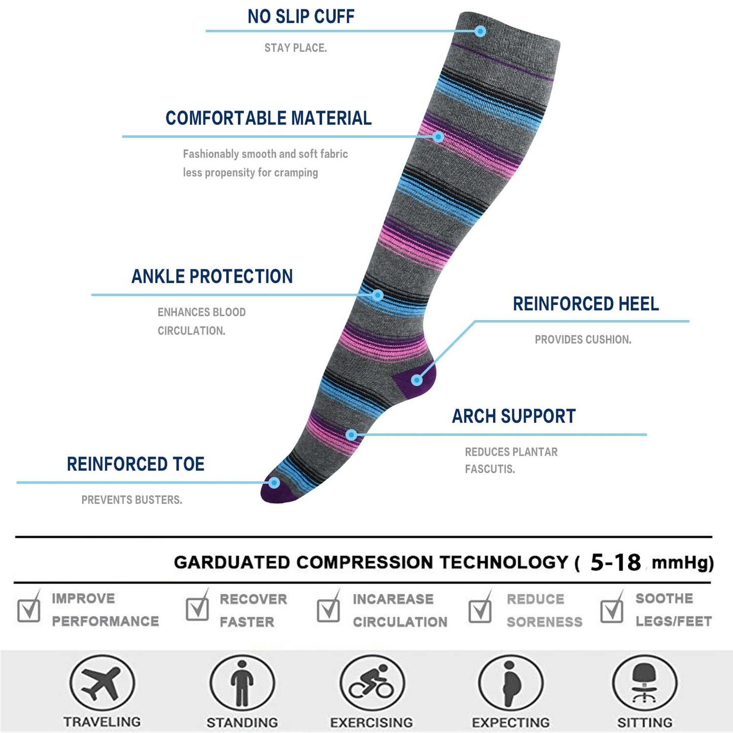 Lavencious Compression Socks 6 Pairs 8-15mmHg for Women Medium Size Shoe Size 6-10