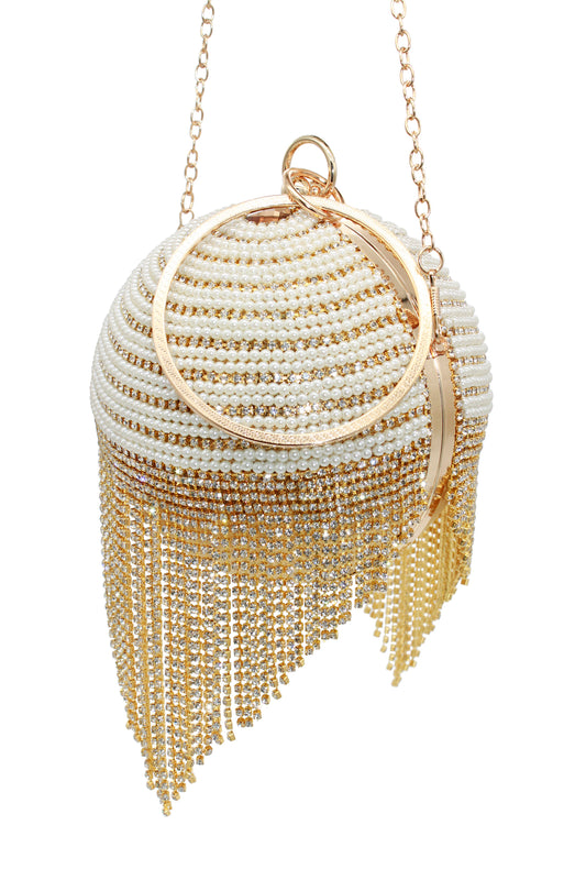 Pearl Bead and Bling Crystal Luxury Ball-Shaped Golden Handbag