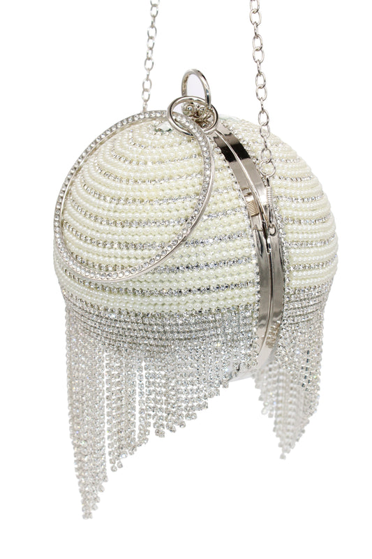 Pearl Bead and Bling Crystal Luxury Ball-Shaped Silver Handbag