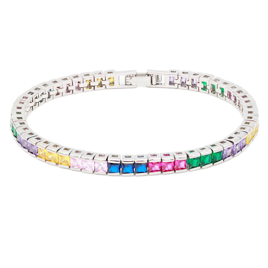 Lavencious Rhodium Plated with 4mm Multi-Color Princess Cut AAA Cubic Zirconia Tennis Bracelets