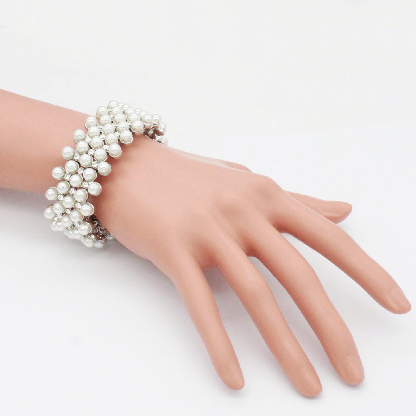 Lavencious Simulated Pearl 5 Lines Elastic Stretch Bracelet Party Jewelry for Women - Silver
