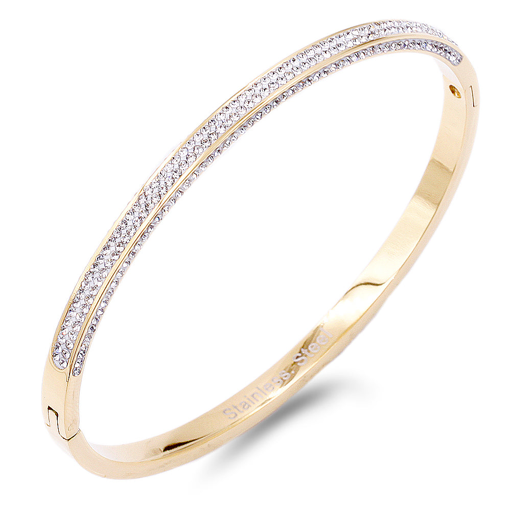 Gold Plated Stainless Steel Hinged Bangle Bracelets Paved with Cubic Zirconia