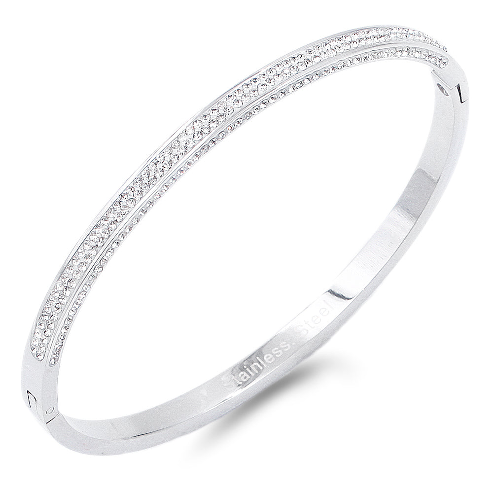 Stainless Steel Hinged Bangle Bracelets Paved with Cubic Zirconia