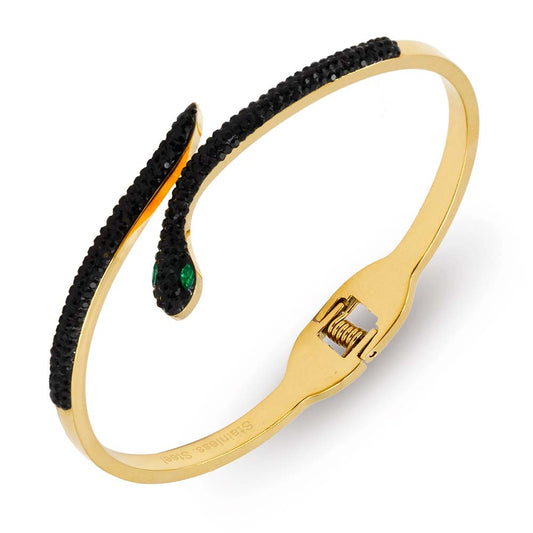 Women's Gold Plated Black CZ Snake Bangle