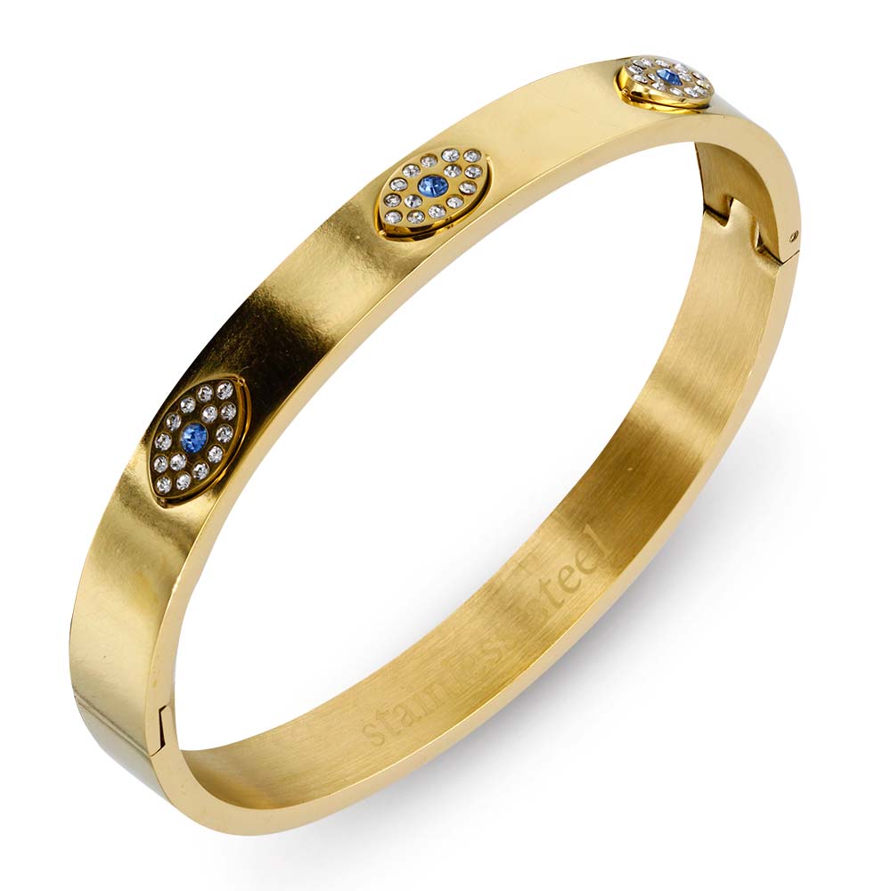 Gold Plated CZ Evil Eye Stainless Steel Bangle