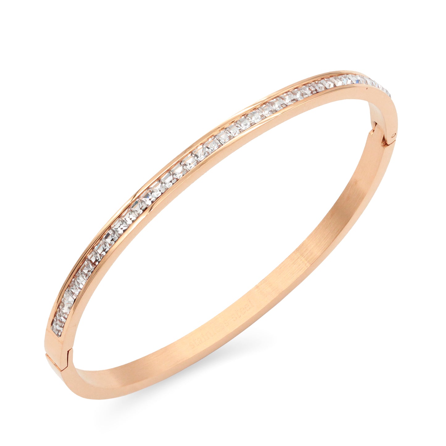 Rose Gold Plated Stainless Steel Hinged Bangle Bracelets Paved with Cubic Zirconia