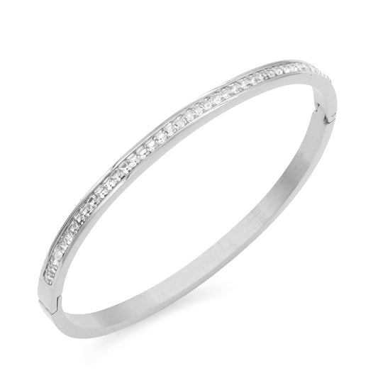 Stainless Steel Hinged Bangle Bracelets Paved with Clear Cubic Zirconia