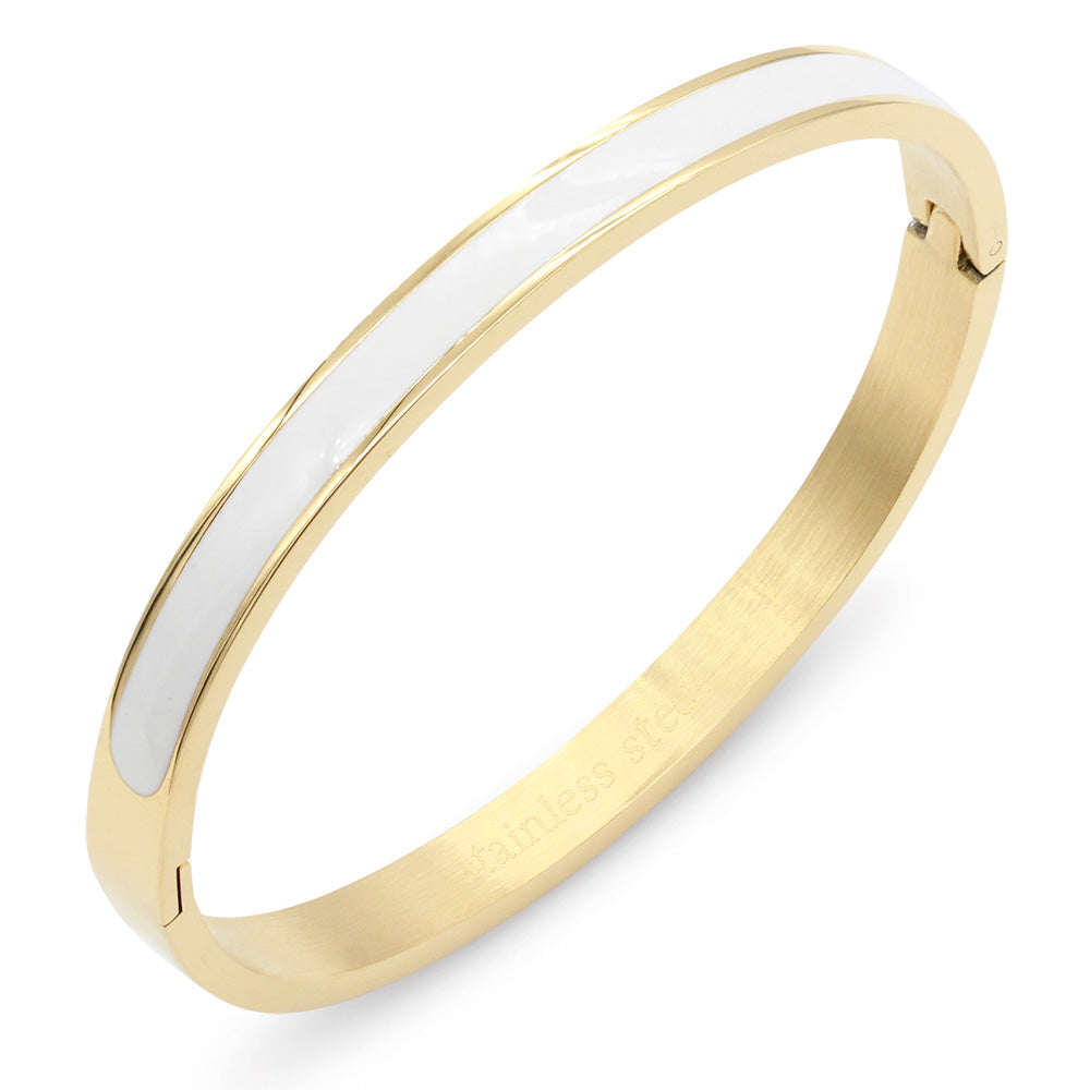 Gold Plated Stainless Steel White Color Hinged Bangle Bracelets - 6mm Width