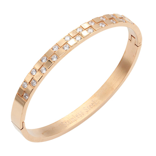Rose Gold Plated Stainless Steel Hinged Bangle Bracelets Inlaid with Cubic Zirconia
