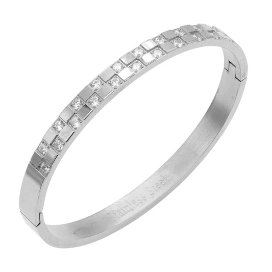 Stainless Steel Hinged Bangle Bracelets Inlaid with Cubic Zirconia