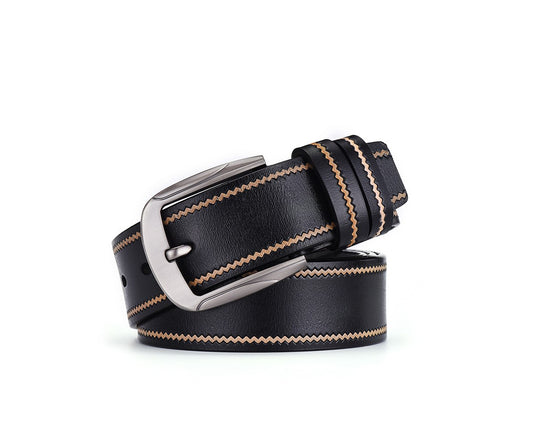 Lavencious Men's Genuine Leather Belt with Single Prong Buckle - Black, size up to 38''
