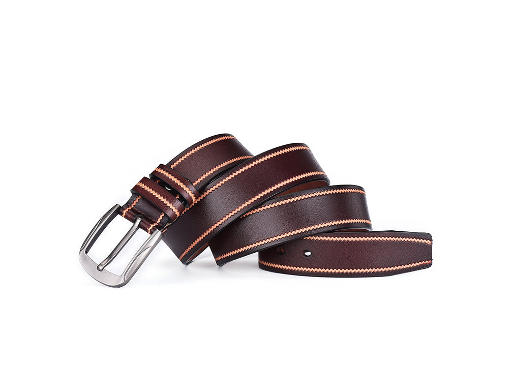 Lavencious Men's Genuine Leather Belt with Single Prong Buckle - Brown, size up to 38''