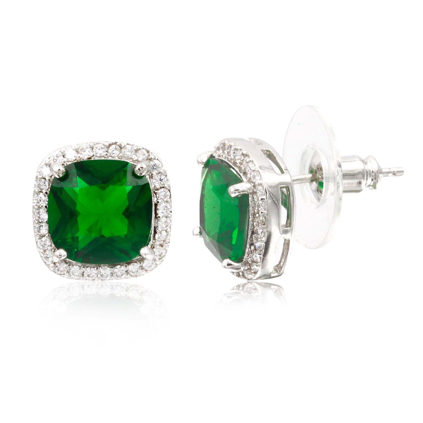Princess Cut with Micro Paved AAA Emerald Green Cubic Zirconia Stud Earrings