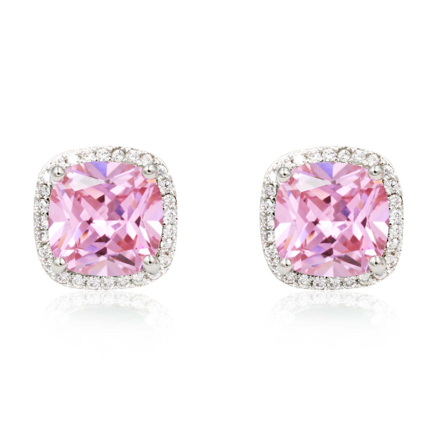 Princess Cut with Micro Paved AAA Pink Cubic Zirconia Stud Earrings