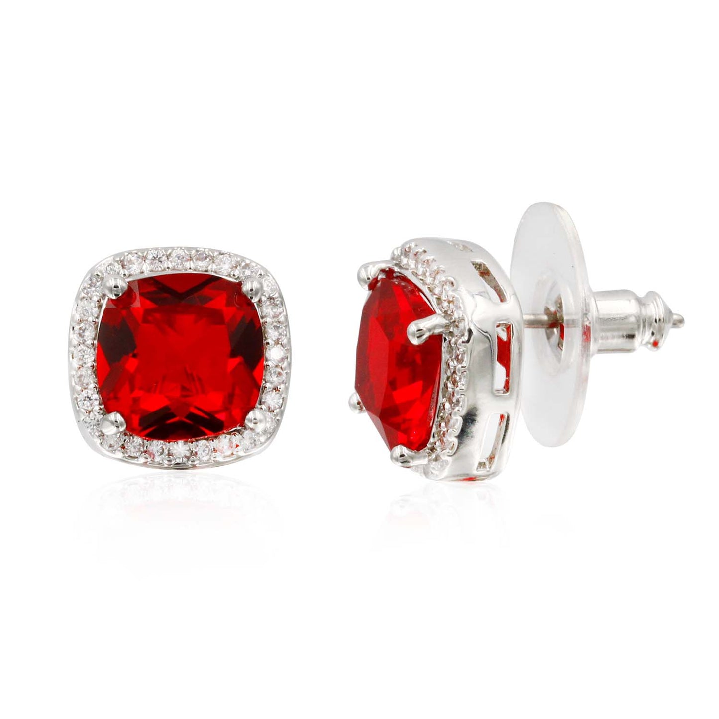 Princess Cut with Micro Paved AAA Red Cubic Zirconia Stud Earrings