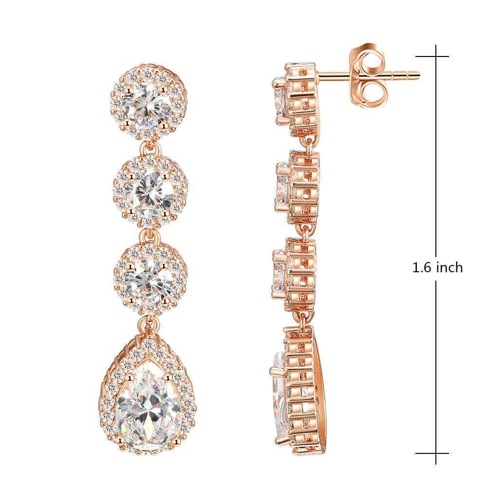 Rose Gold Plated Tear Drop Dangle Earrings with Clear AAA Cubic Zirconia
