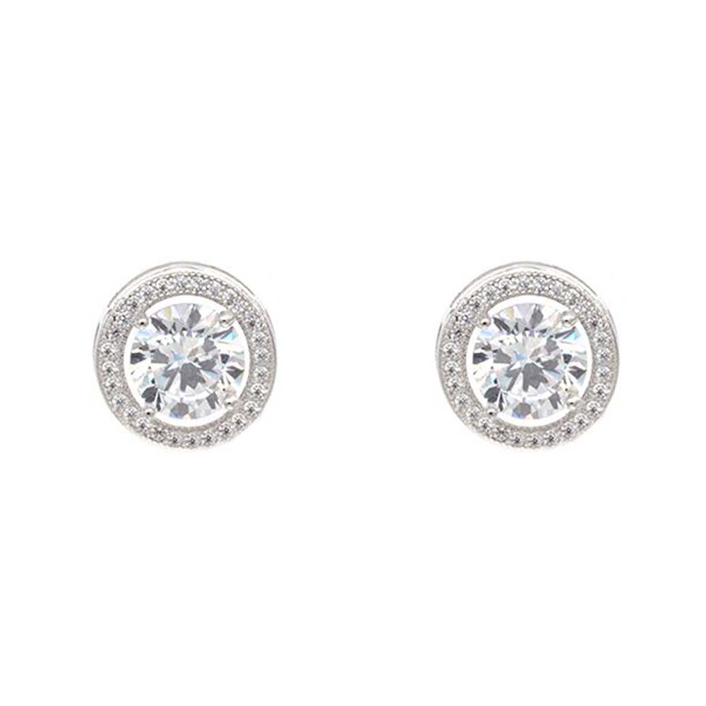 Rhodium Plated with Cubic Zirconia Round Stud Earrings