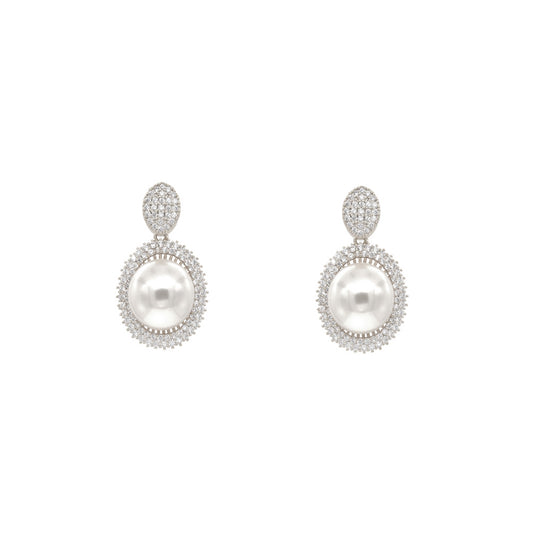 Pearl Dangle Earrings with AAA Cubic Zirconia, Rhodium Plated (Earrings Only)