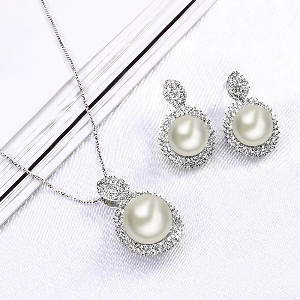 Pearl Dangle Earrings with AAA Cubic Zirconia, Rhodium Plated (Earrings Only)