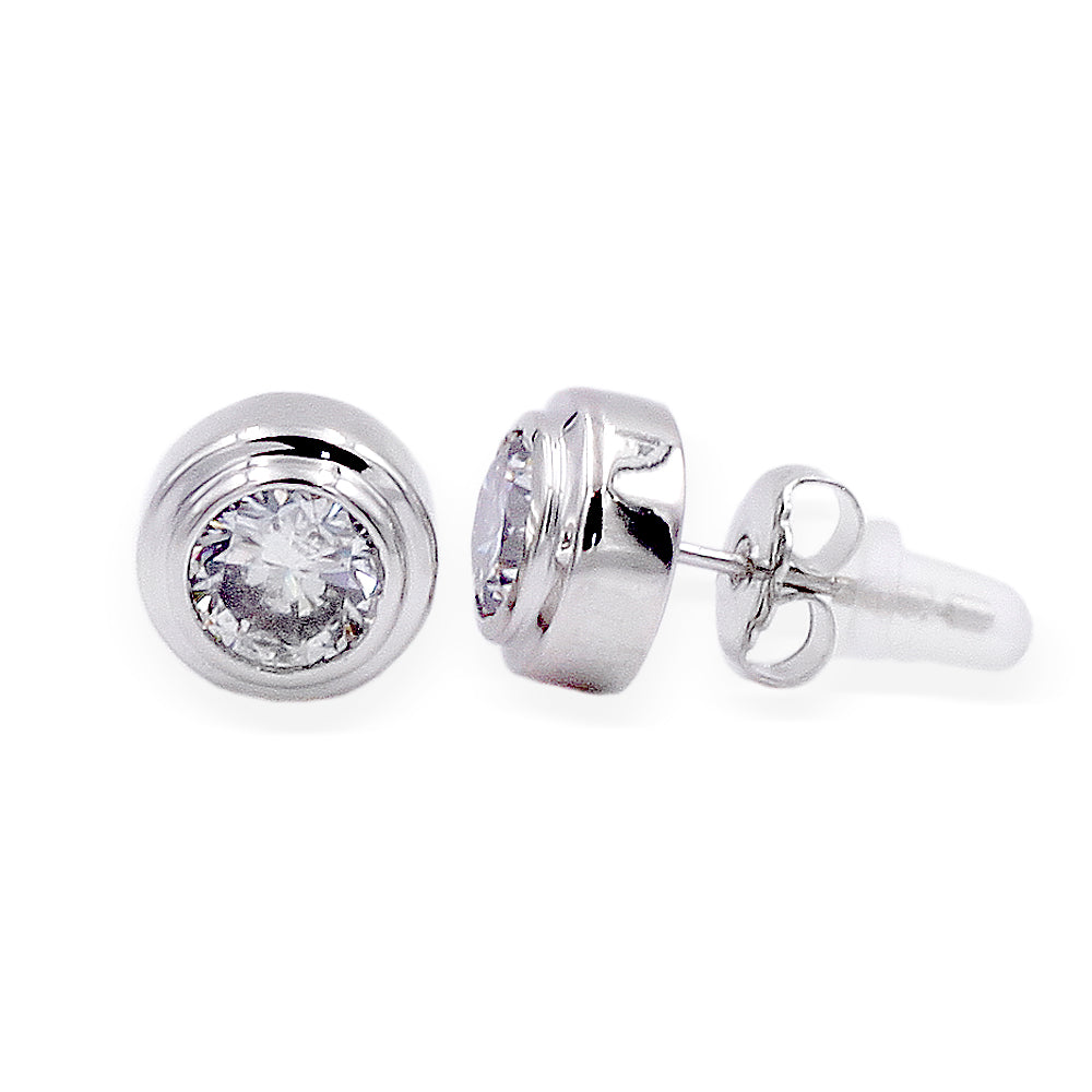 Round Cubic Zirconia Solitaire Fashion Stud Earrings, Rhodium Plated