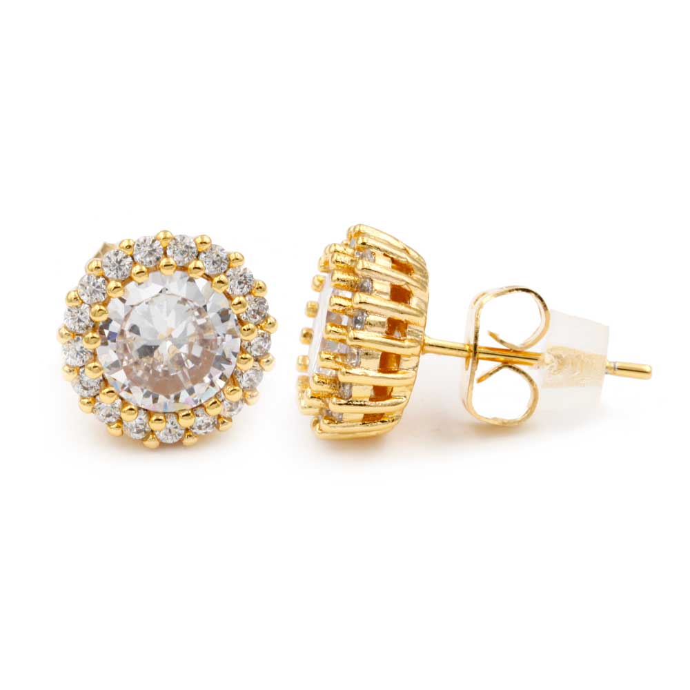 Round Solitaire Stud Earrings with Micro Pave Cubic Zirconia, Gold Plated