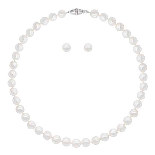 Genuine Freshwater Pearl Strand Necklace with Pearl Stud Earrings - 16 in Long