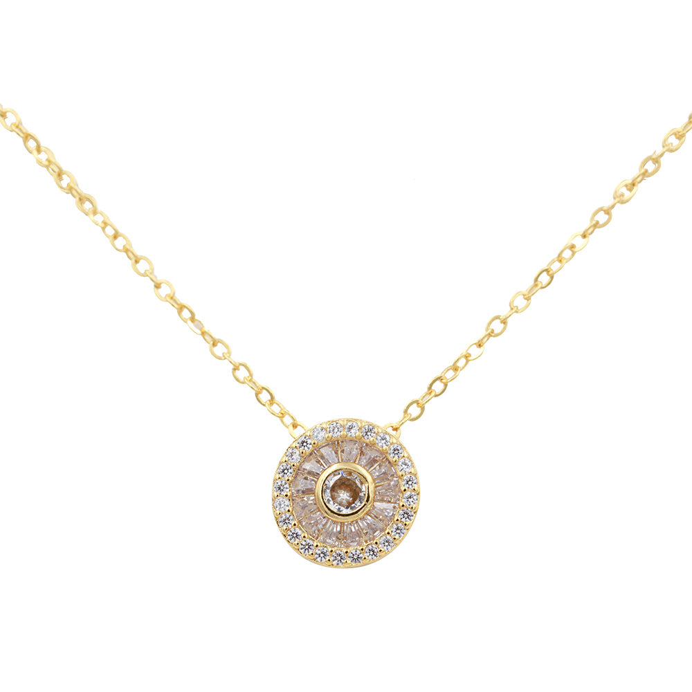 Gold Plated with Clear Cubic Zirconia Round Shape Pendant Necklace