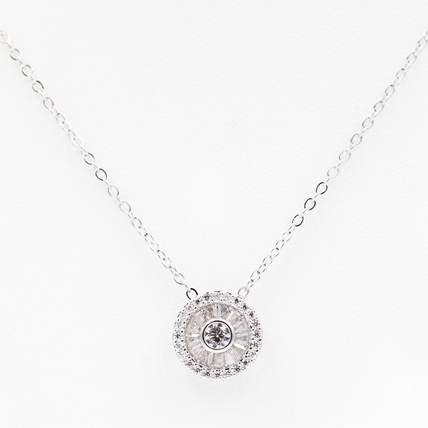 Rhodium Plated with Clear Cubic Zirconia Round Shape Pendant Necklace