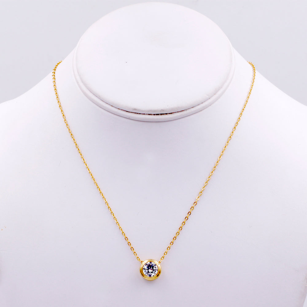 Round Cubic Zirconia Solitaire Fashion Pendant Necklace, Gold Plated