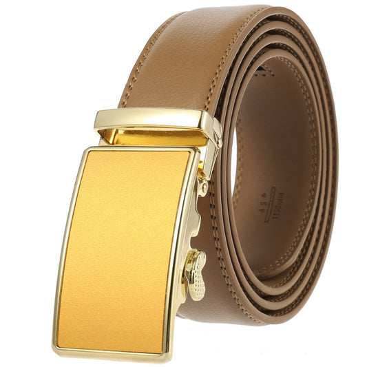Lavencious Men's Genuine Leather Dress Ratchet Slide Casual Belt, Cut to Fit Waist Size up to 46 inches (Gold Brown)