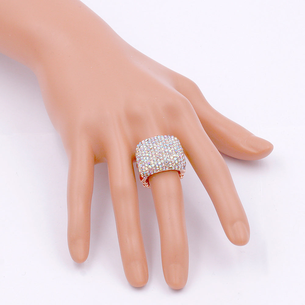 Lavencious Rose Gold Plated Half Cube Shape with Clear Crystals Stretch Rings Statement Rings Free Size for Women