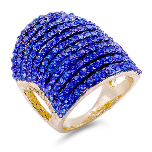 Gold Plated Fashion Cocktail Ring Paved with Blue Crystal, Size 5 - 12