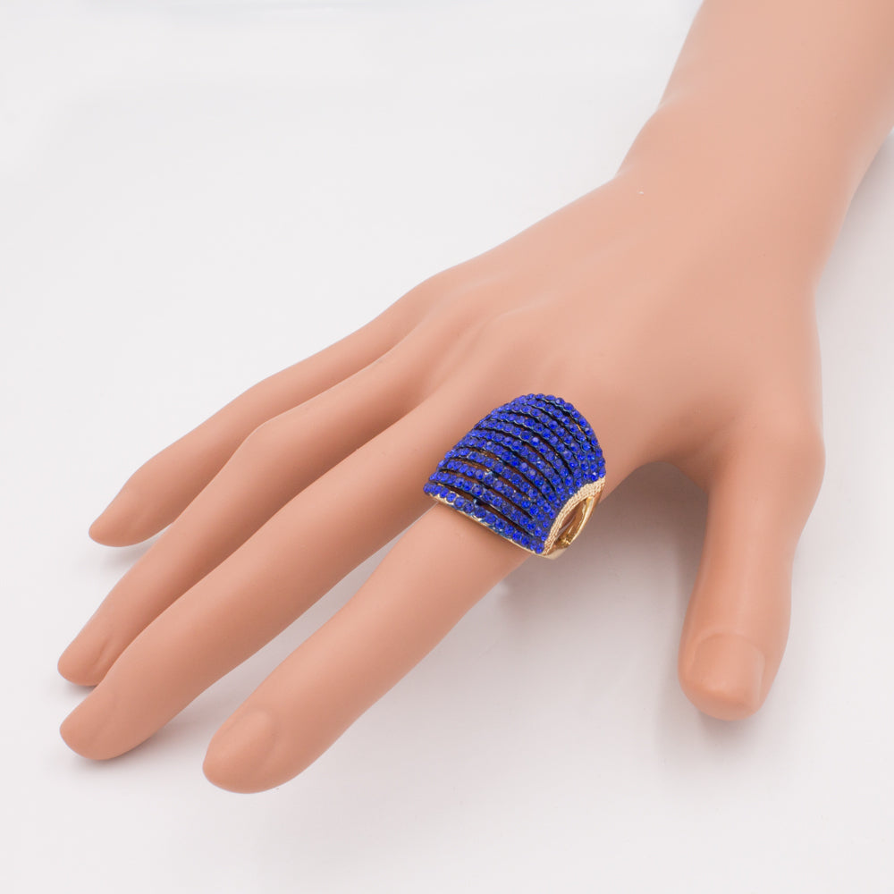 Gold Plated Fashion Cocktail Ring Paved with Blue Crystal, Size 5 - 12