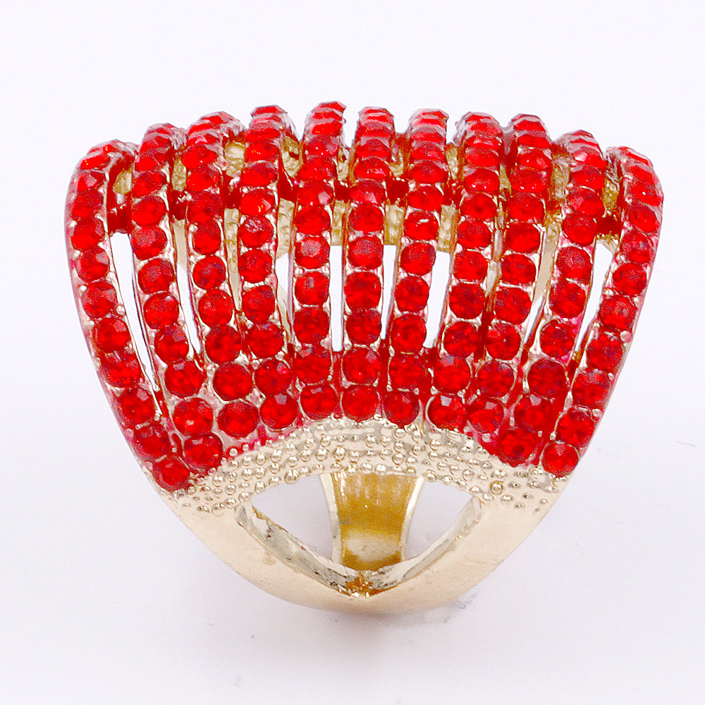 Gold Plated Fashion Cocktail Ring Paved with Red Crystal, Size 5 - 12