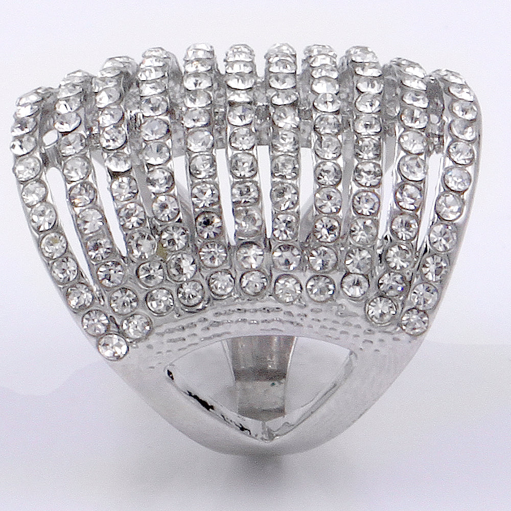 Rhodium Plated Fashion Cocktail Ring Paved with Clear Crystal, Size 5 - 12