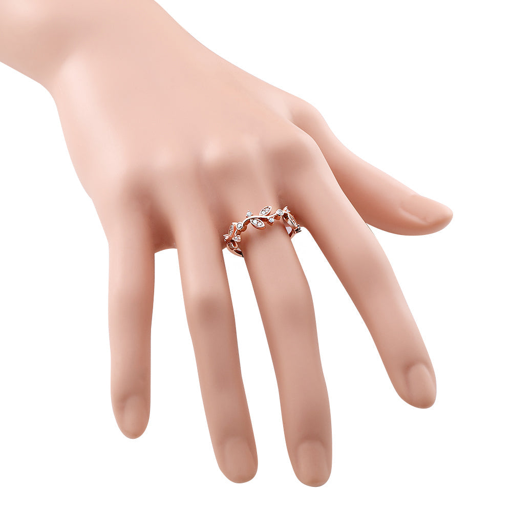 Lavencious Rose Gold Plated Sterling Silver Curved Olive Branch with Clear CZ Stones Wedding Band Promise Ring for Women Size 4-10